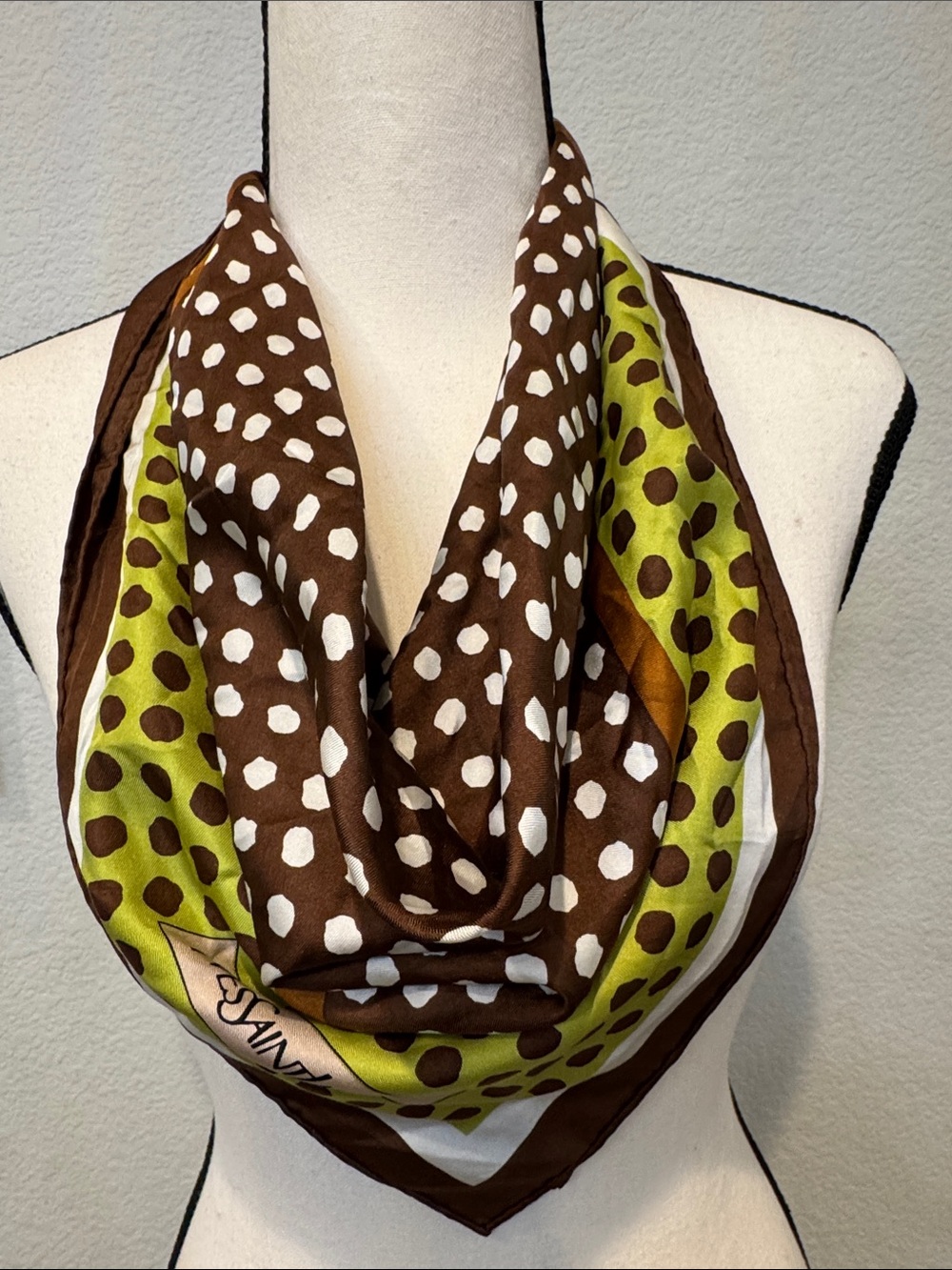 Authentic Yves Saint Laurent Brown, Olive & White Polka Dot Silk Scarf